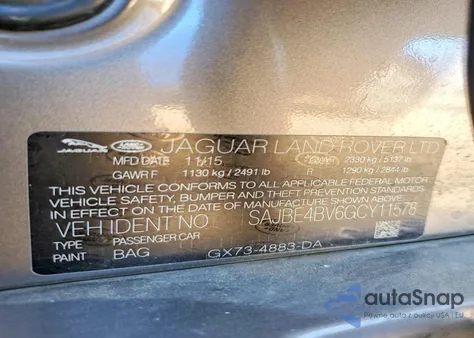 2016 Jaguar Xf Prestige из США, поврежденный, VIN SAJBE4BV6GCY11578